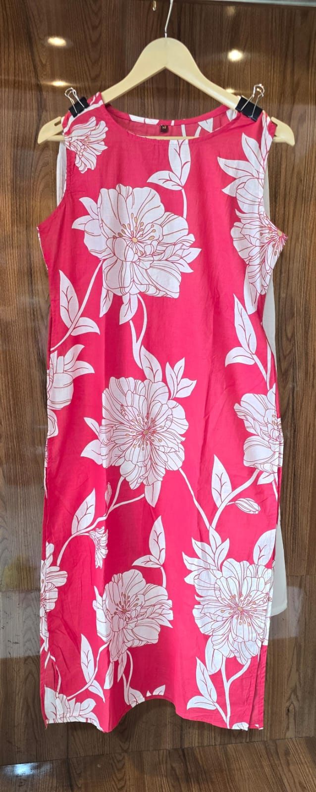 Beautiful Cotton Printed Sleeveless Kurti with Pant | Gold Print
