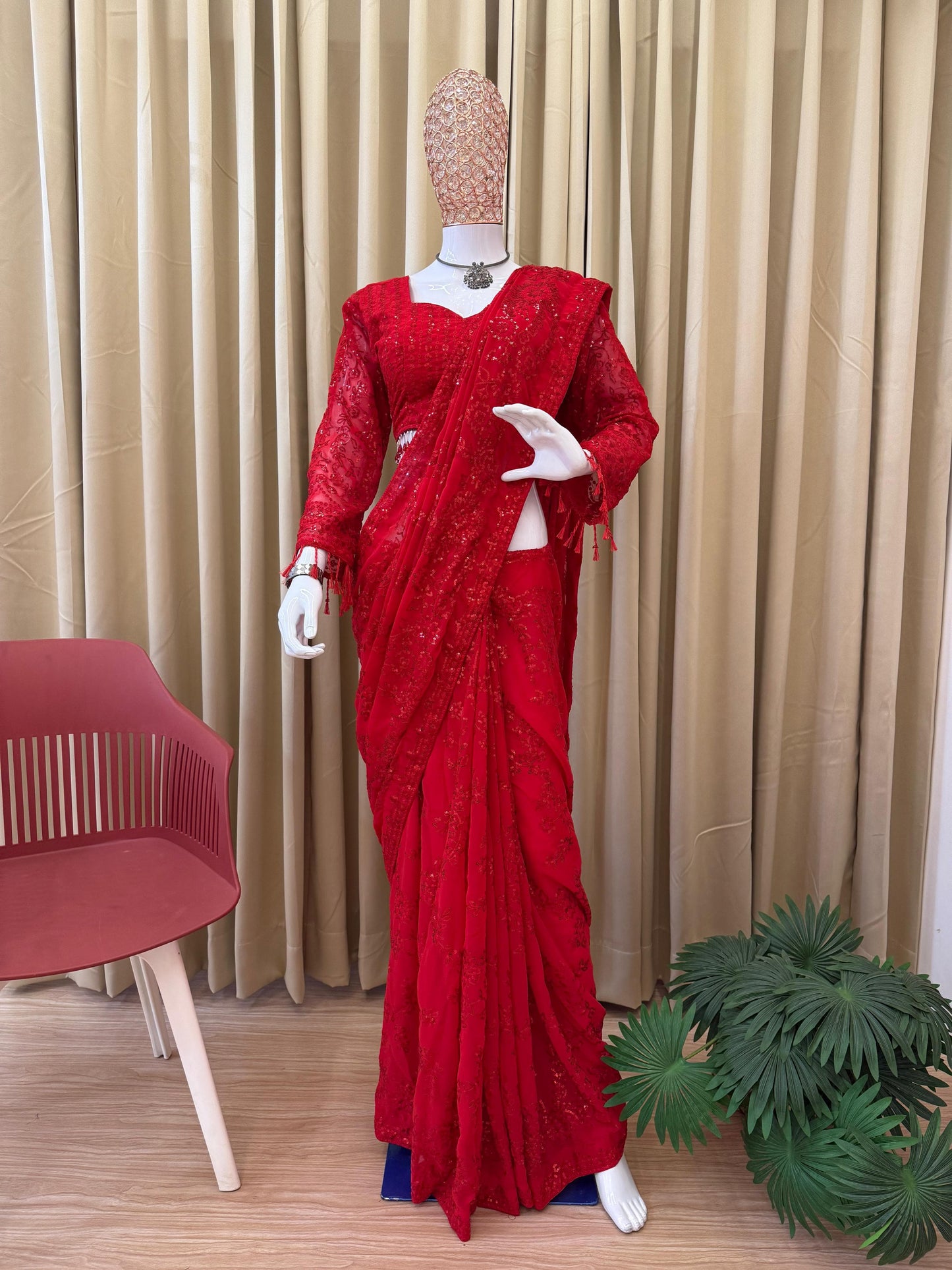 Premium Faux Georgette Embroidered Saree with Fancy Lace & Ready-to-Wear Stitched Blouse