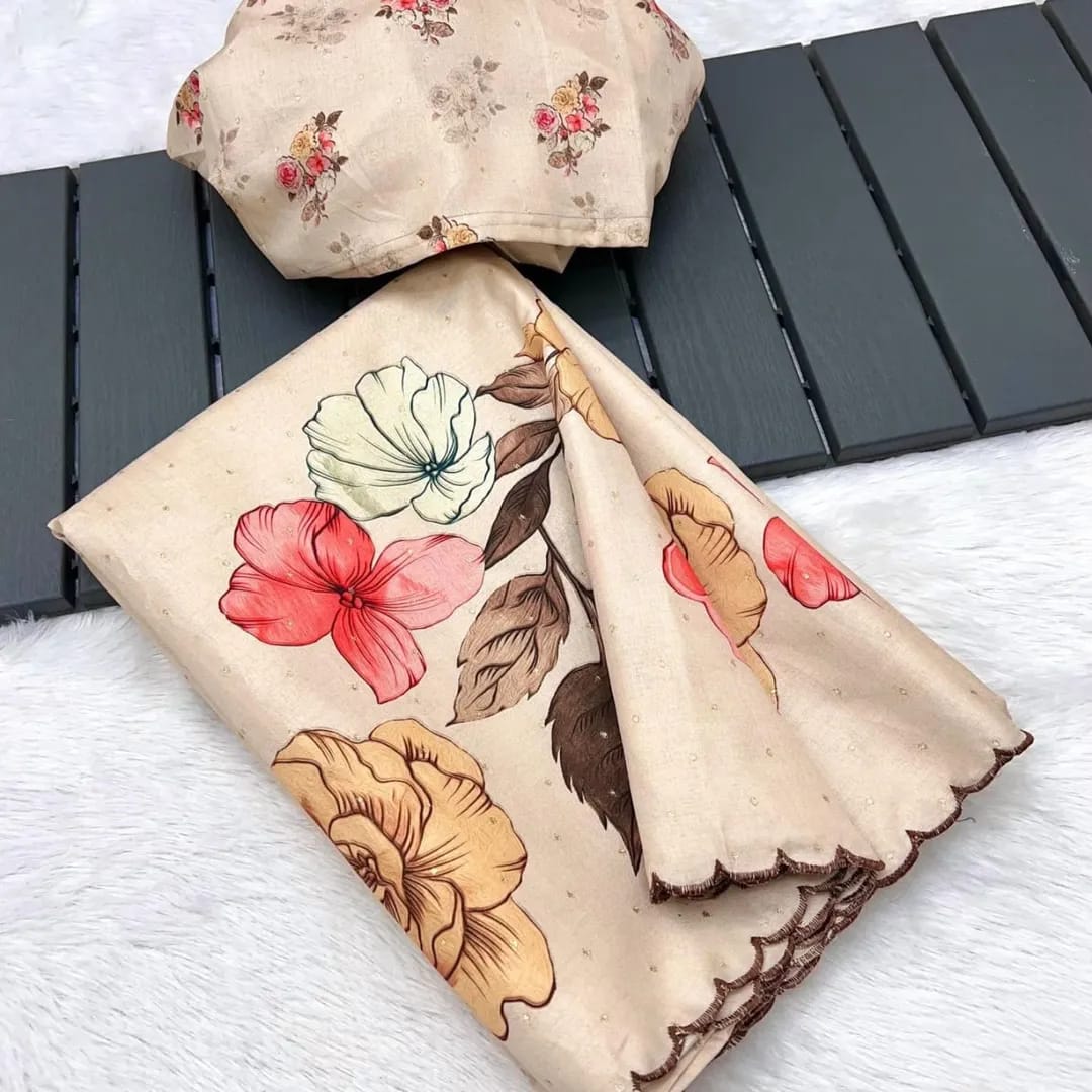 Elegant Tussar Silk Saree with Tulip Digital Print & Arco Border | Matching Blouse Piece