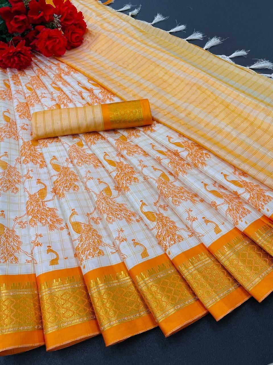 Present New Trends Block Print Banarasi Saree – Pure Cotton Silk with Zari Weaving & Designer Blouse