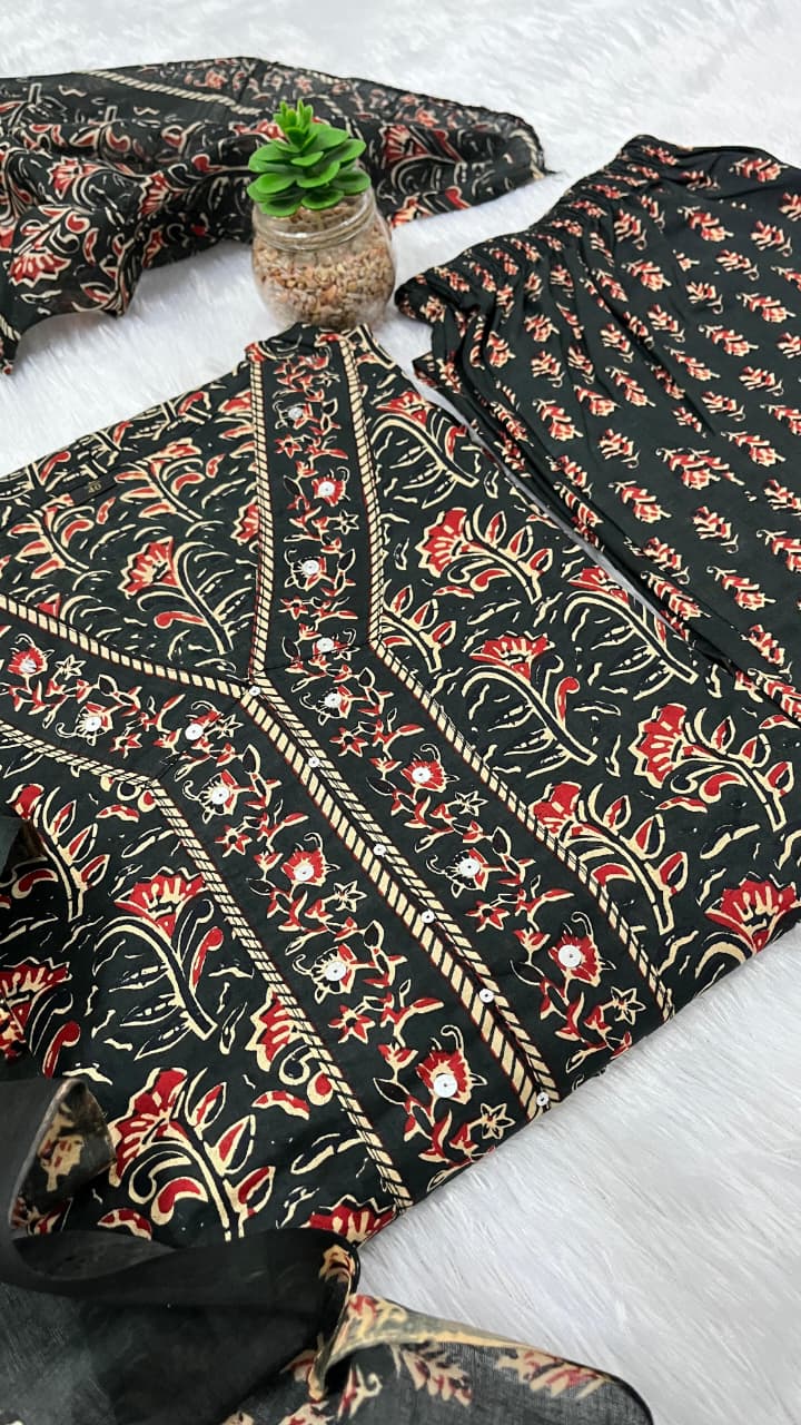 Dreamy A-Line Cotton Kurta Set | Printed Kurta, Pant & Dupatta | Sequins Katha Work