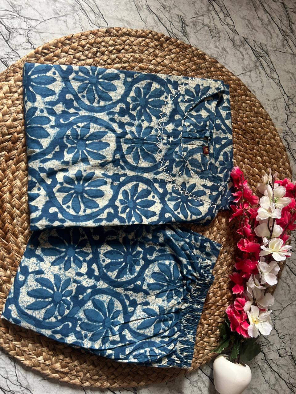 Indigo Jaipuri Print A-Line Cotton Kurta Set | Hand Kantha Work | Plazo with Pocket