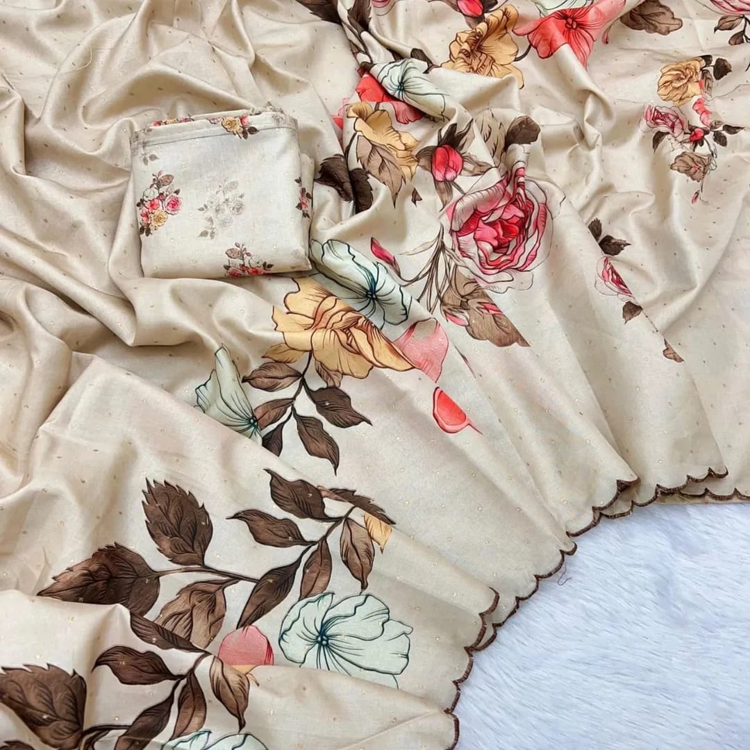 Elegant Tussar Silk Saree with Tulip Digital Print & Arco Border | Matching Blouse Piece