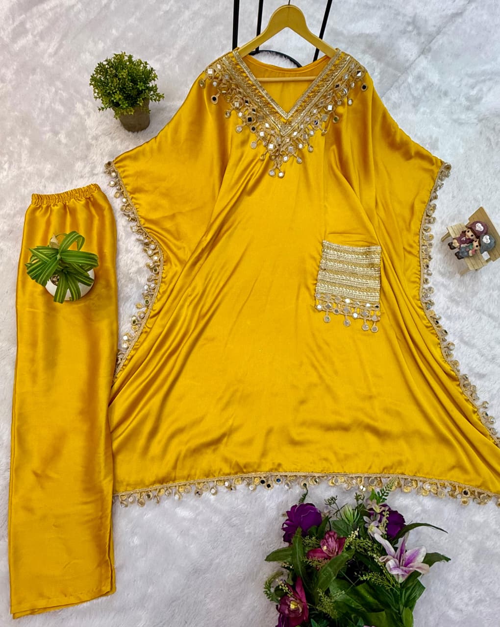 Premium Devsena Satin Kaftan & Pant Set | Real Mirror Work & Lace Detailing