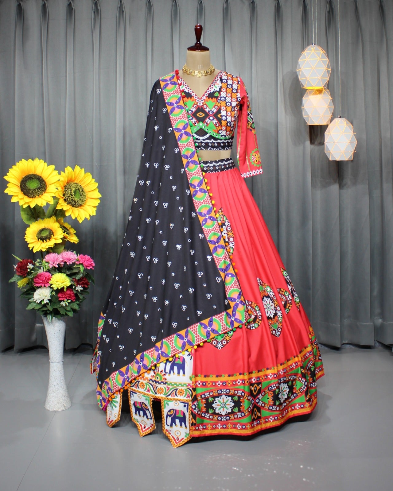 Designer Soft Butter Silk Lehenga with Digital Print & Real Mirror Work | Stitched Lehenga + Unstitched Choli + Dupatta