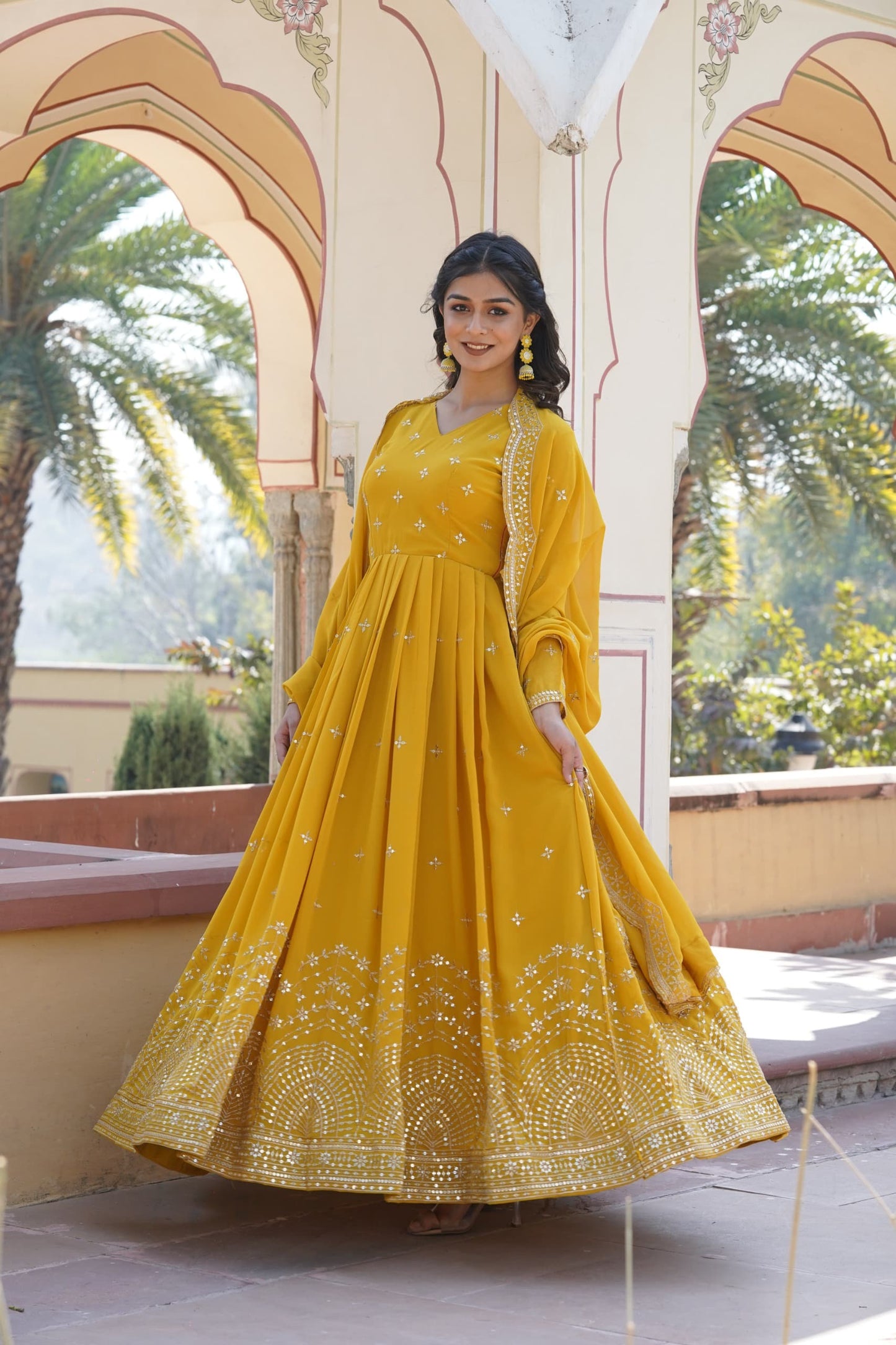 Premium Designer Readymade Gown with Dupatta β Faux Georgette, Zari & Sequins Embroidery