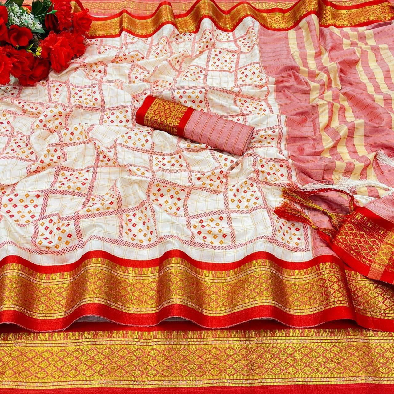 Present New Trends Block Print Banarasi Saree – Pure Cotton Silk with Zari Weaving & Designer Blouse