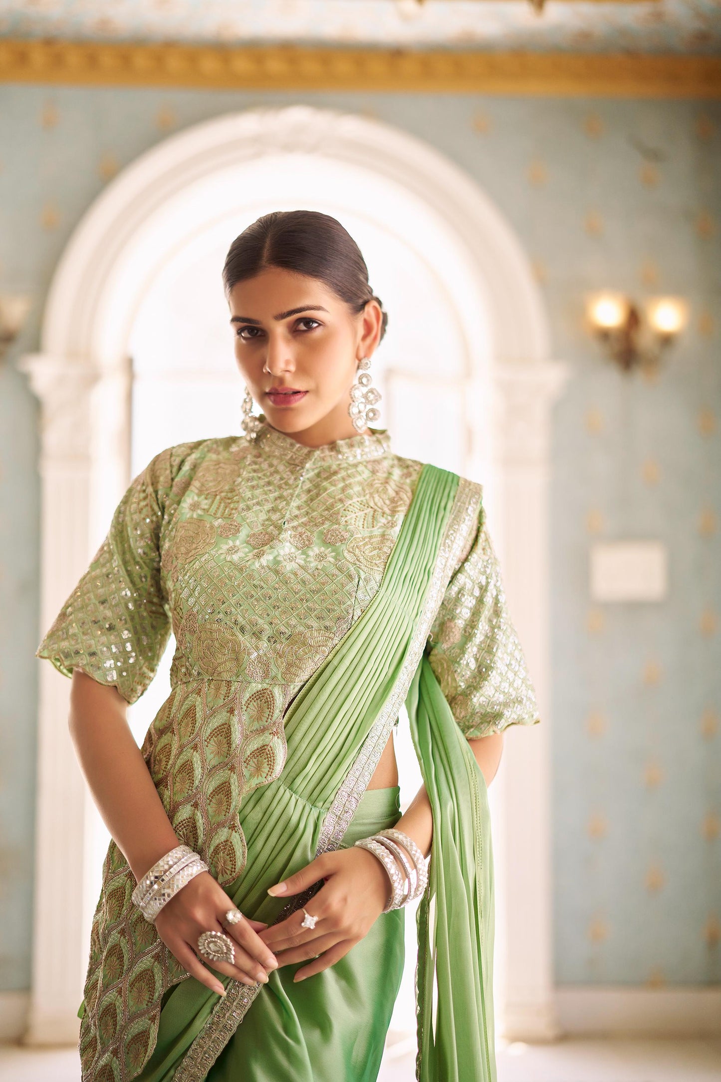 DRAPE SAREE β Premium Ready-to-Wear Chinon Saree with Fully Embroidered Blouse