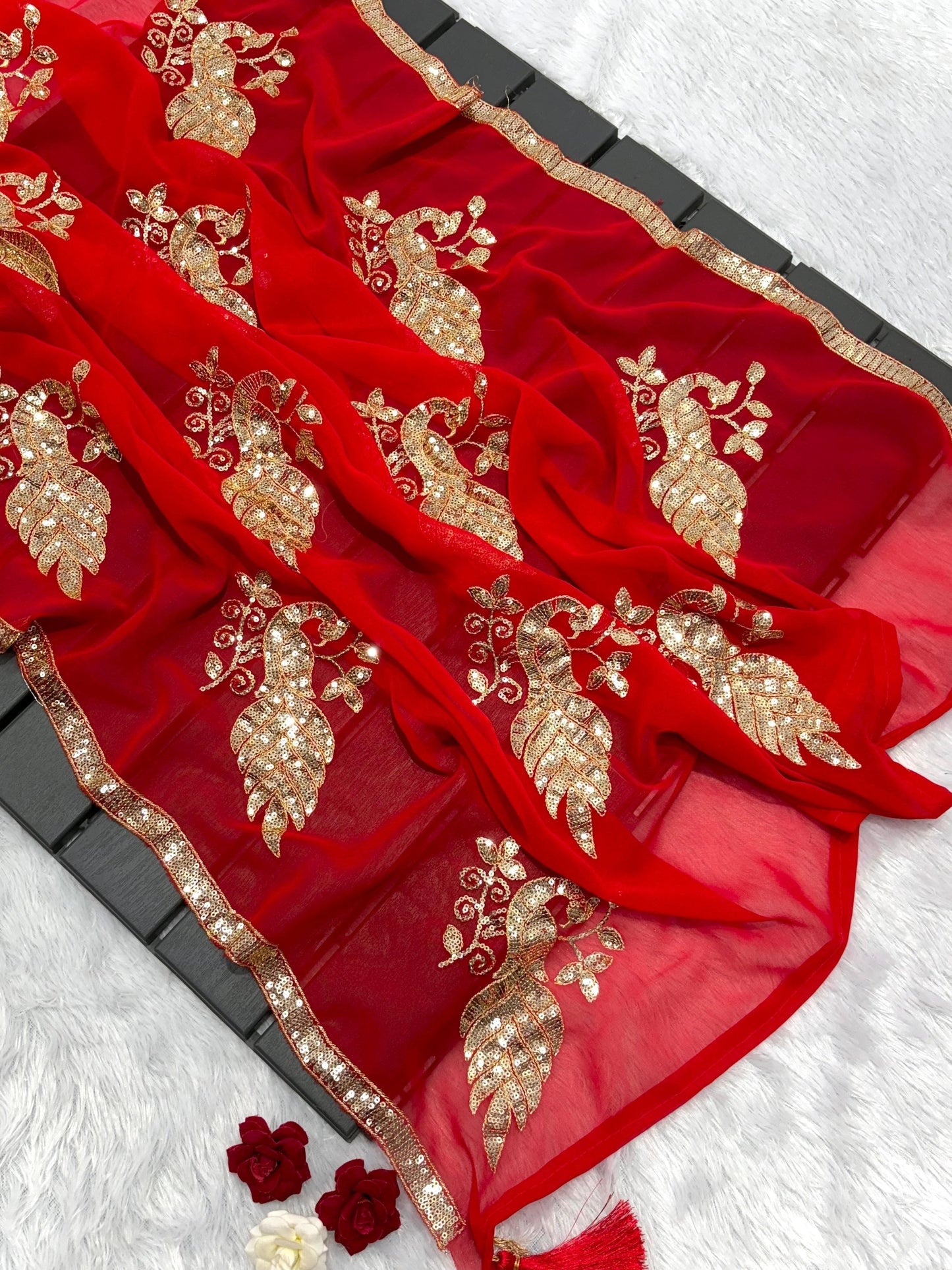 Perfect for festive occasions, this saree blends tradition and trend—crafted to make you shine bright this Karwa Chauth!
