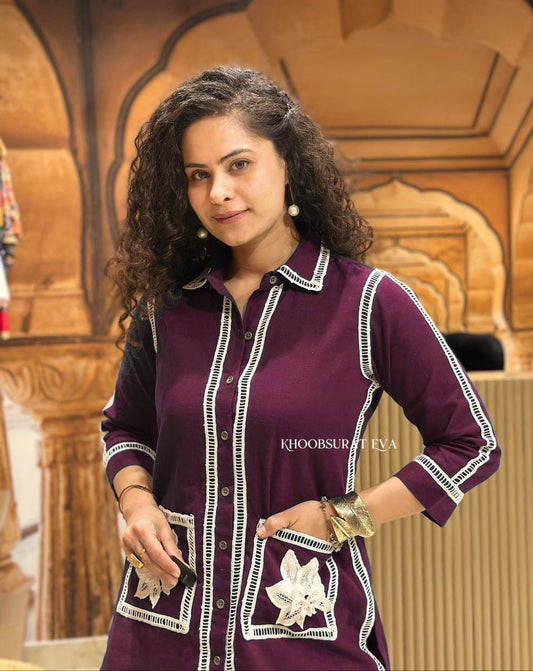 New Stylish Cotton Slub Co-ord Set | Shirt-Style Top & Pants with Embroidery & Lace Work