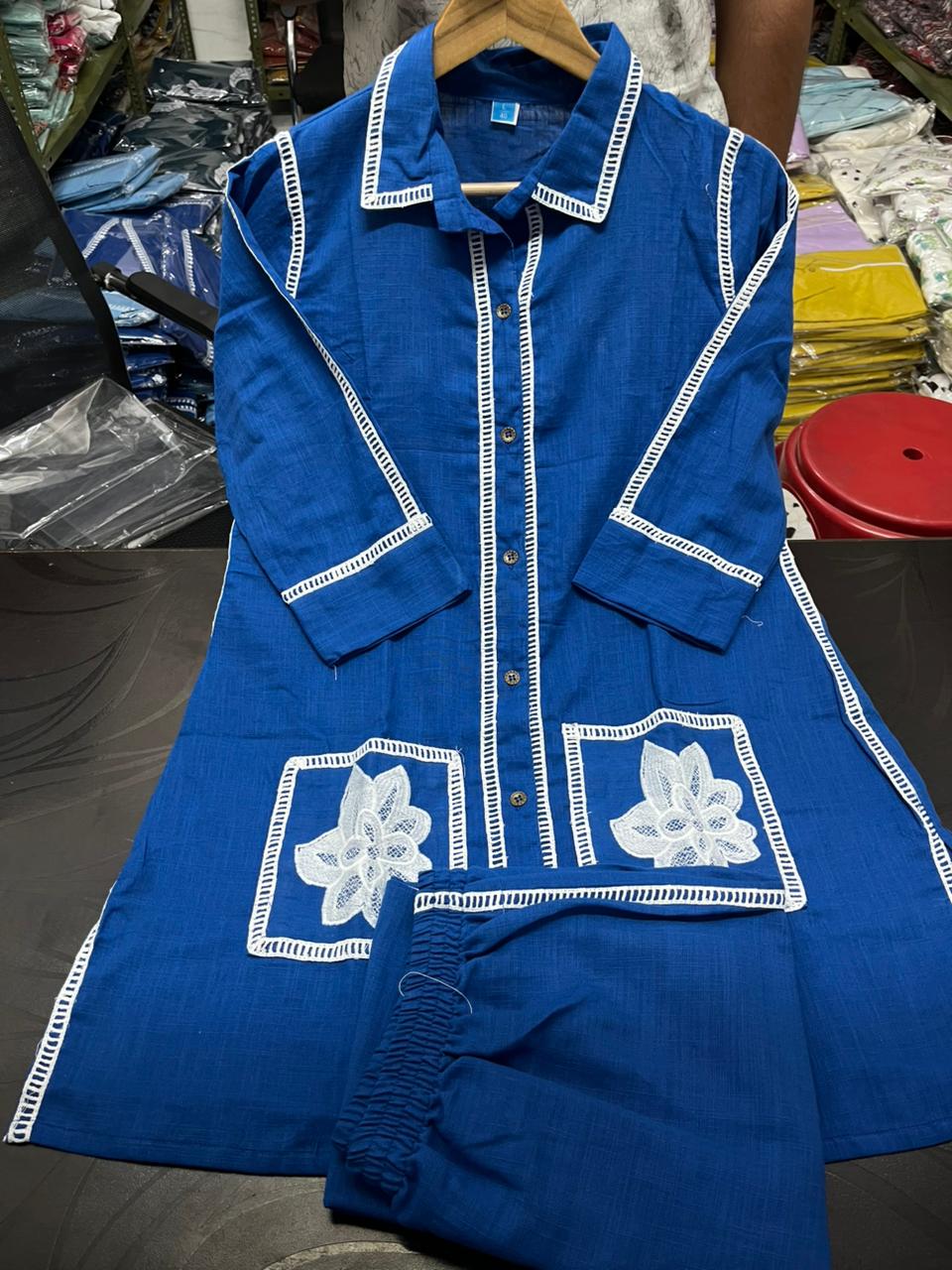 New Stylish Cotton Slub Co-ord Set | Shirt-Style Top & Pants with Embroidery & Lace Work