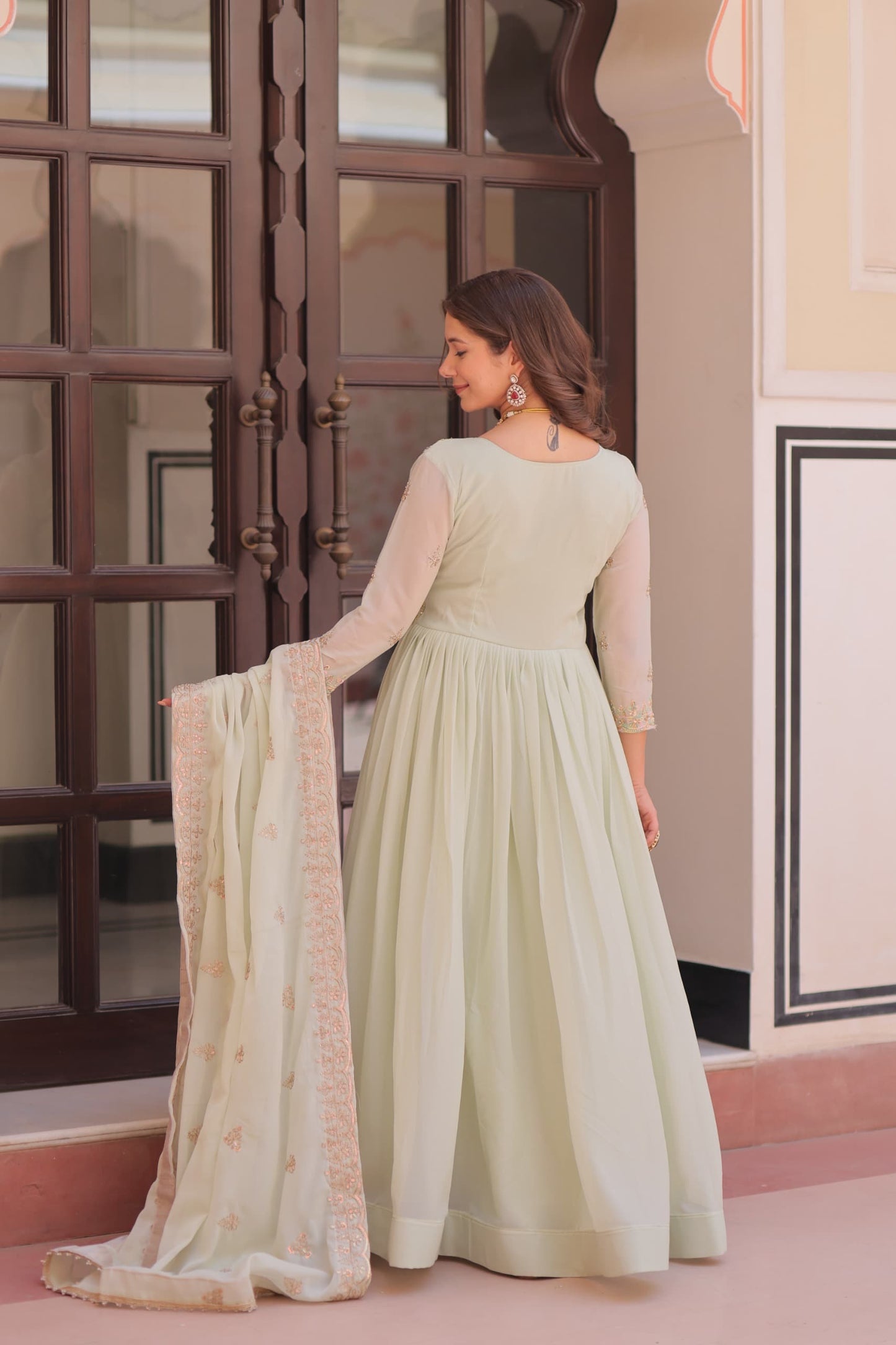 Premium Star Georgette Embroidered Gown with Dupatta | Diwali Special 2025