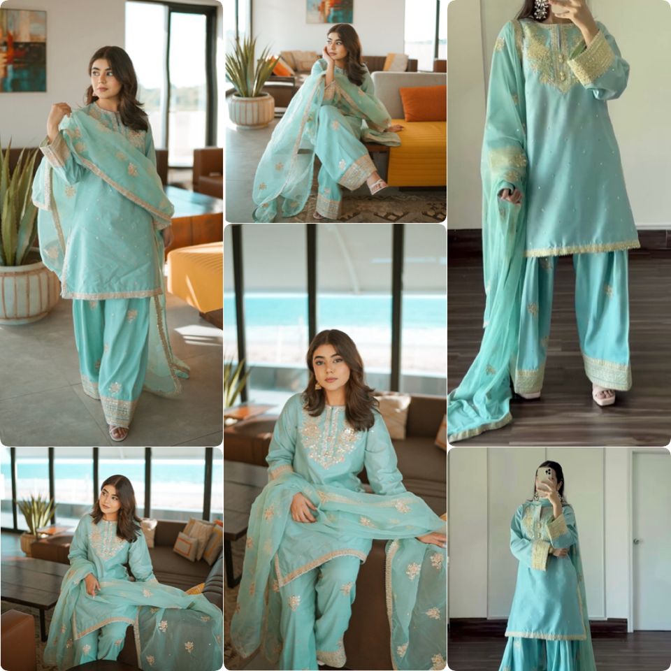 Premium Party Wear Pure Crepe Top–Farshi Palazzo Set with Embroidered Organza Dupatta | Fully Stitched