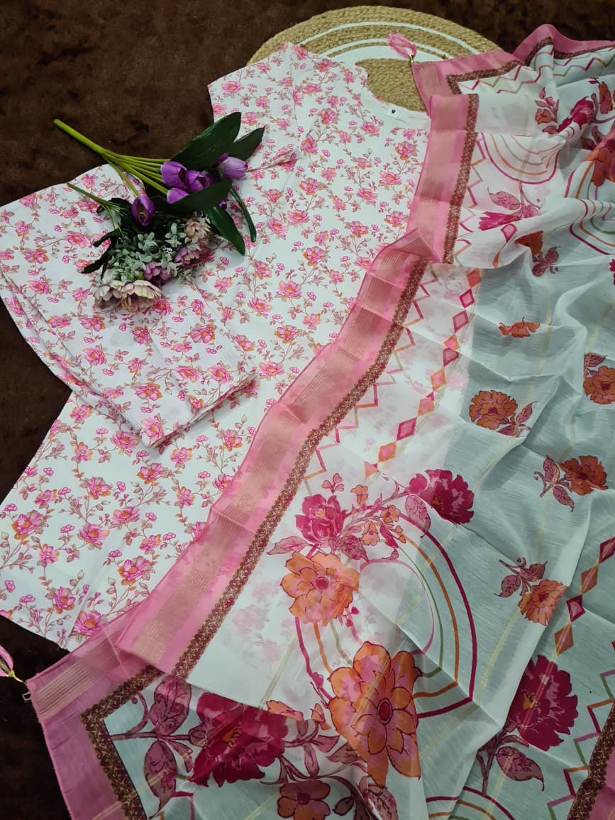 Premium Cotton Blend Printed Kurta Set with Jacquard Organza Dupatta | Elegant 3-Piece Suit