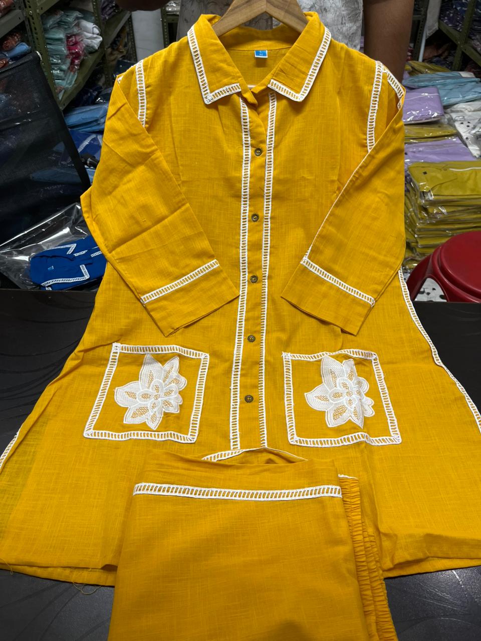 New Stylish Cotton Slub Co-ord Set | Shirt-Style Top & Pants with Embroidery & Lace Work