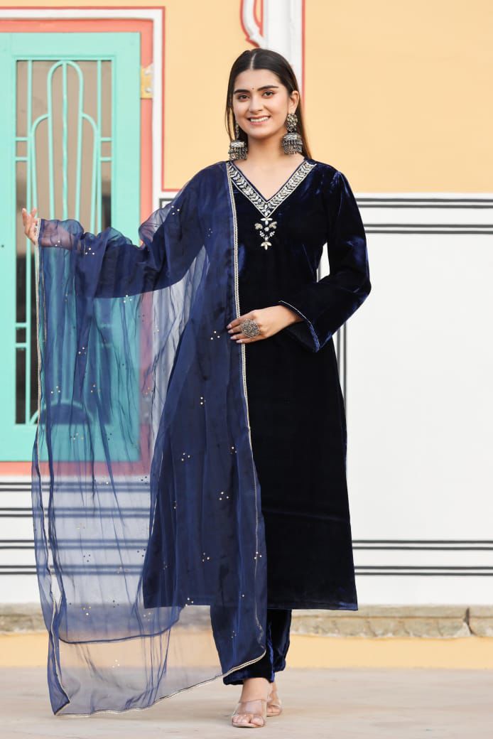 Winter Collection Velvet Suit Set – Navy Blue | Hand Work with Organza Dupatta