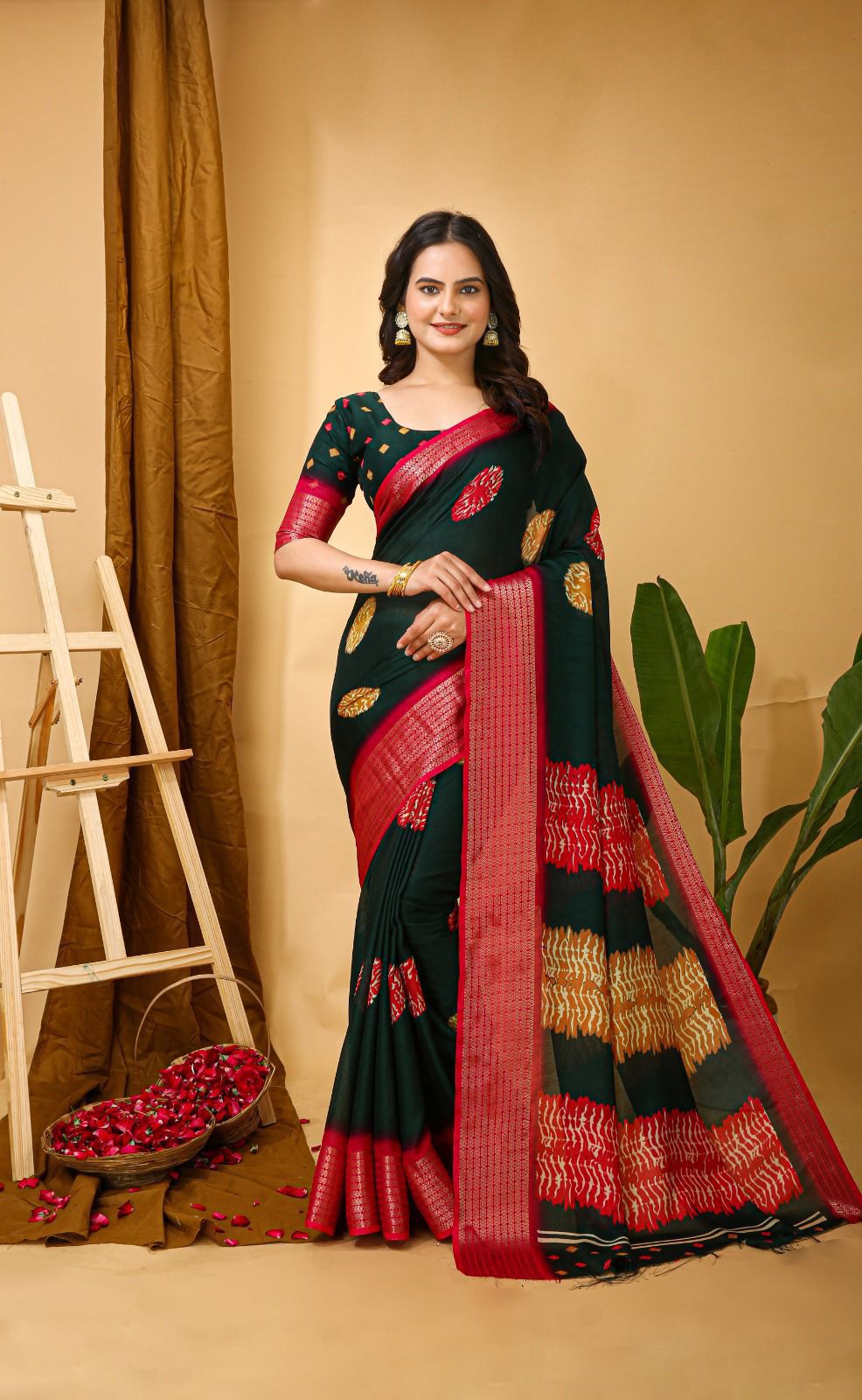 Enchanting Soft Dola Silk Saree | Jacquard Kanjivaram Zari Border & Printed Blouse | Wedding Perfect