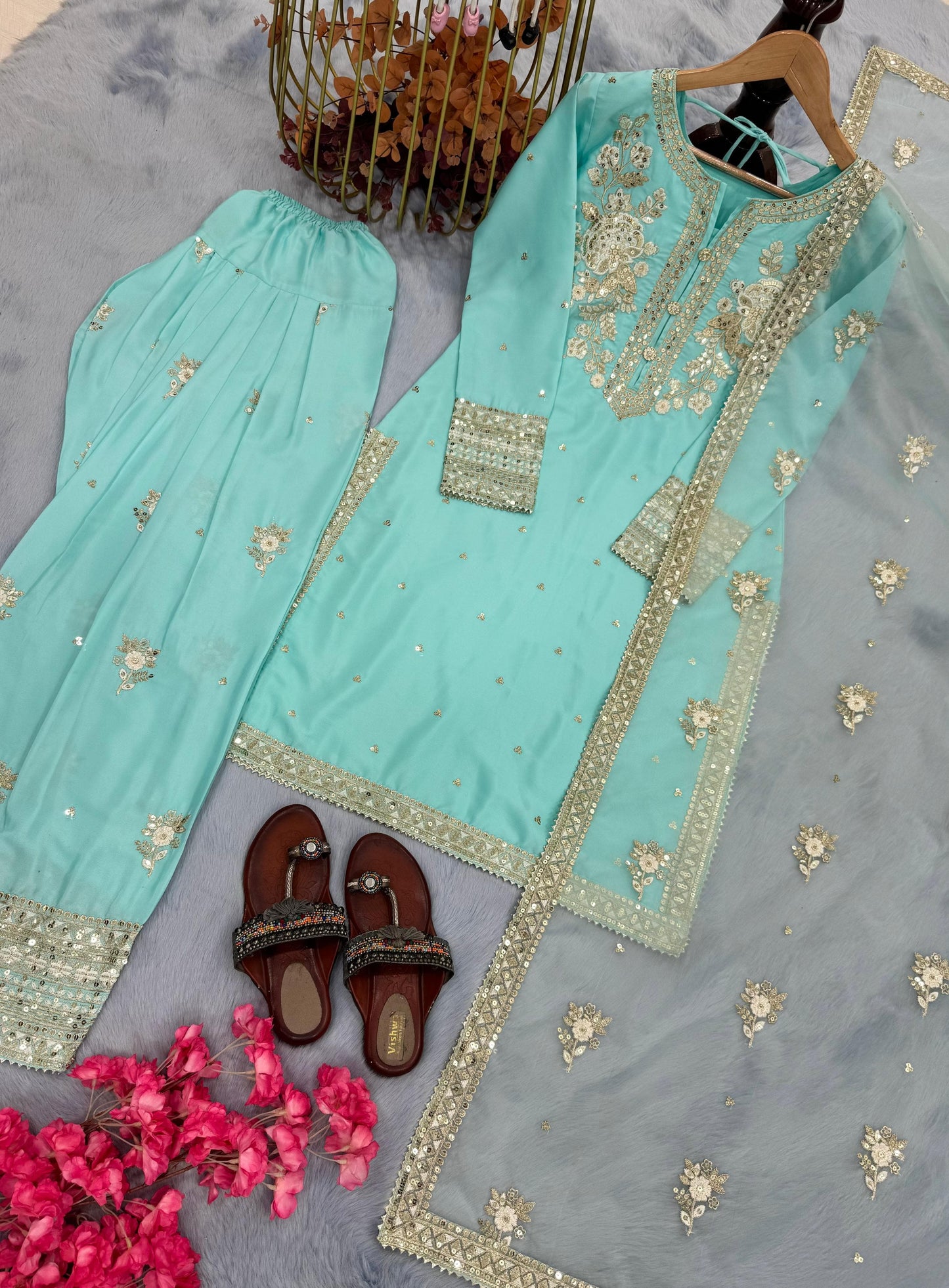 Premium Party Wear Pure Crepe Top–Farshi Palazzo Set with Embroidered Organza Dupatta | Fully Stitched