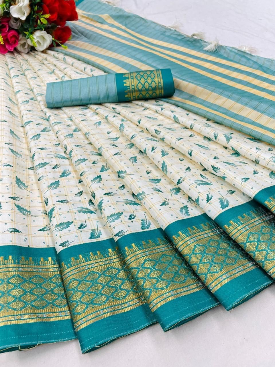 Present New Trends Block Print Banarasi Saree – Pure Cotton Silk with Zari Weaving & Designer Blouse
