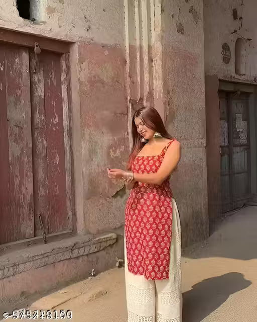 Women's Cotton Printed Straight Sleeveless Kurta (Random Print And Design Available)