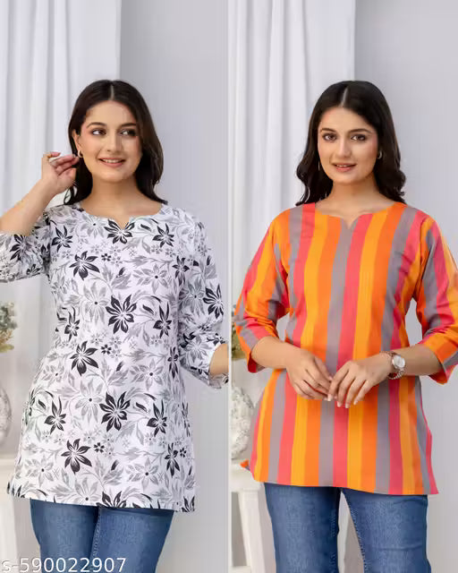 Women’s Stylish Cotton Blend Kurti for Women Combo (Pack of 2) – Floral & Striped Daily Wear Kurtis