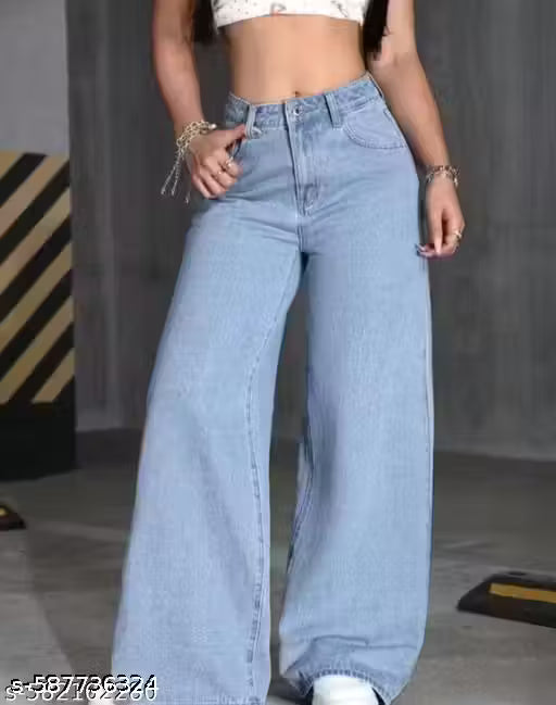 Light blue wide-leg denim cargo pants, high waist, relaxed fit, streetwear style, multiple pockets, button and zip closure, casual fashion, comfortable fit, versatile bottoms, urban style, trendy jeans, everyday wear.