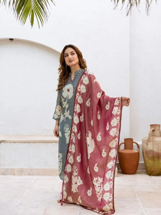New Festival Collection 💗 Pure Cotton Kurti Pant Dupatta Set | Handwork Elegance