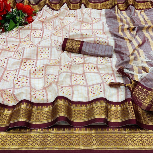 Present New Trends Block Print Banarasi Saree – Pure Cotton Silk with Zari Weaving & Designer Blouse
