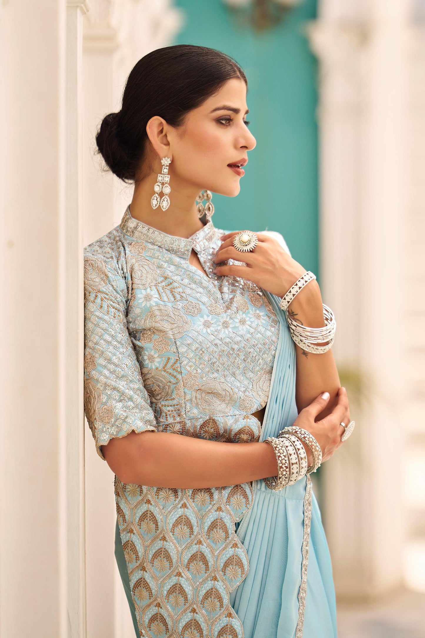DRAPE SAREE – Premium Ready-to-Wear Chinon Saree with Fully Embroidered Blouse