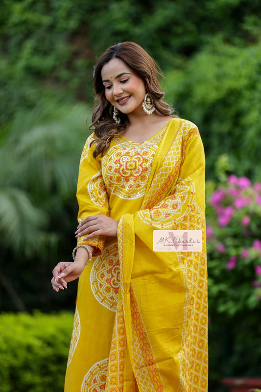 Premium Fur Cotton Discharge Print Suit Set | Elegant Hand Tulip Work Collection