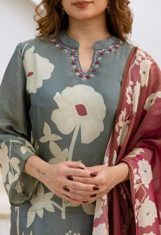 New Festival Collection 💗 Pure Cotton Kurti Pant Dupatta Set | Handwork Elegance