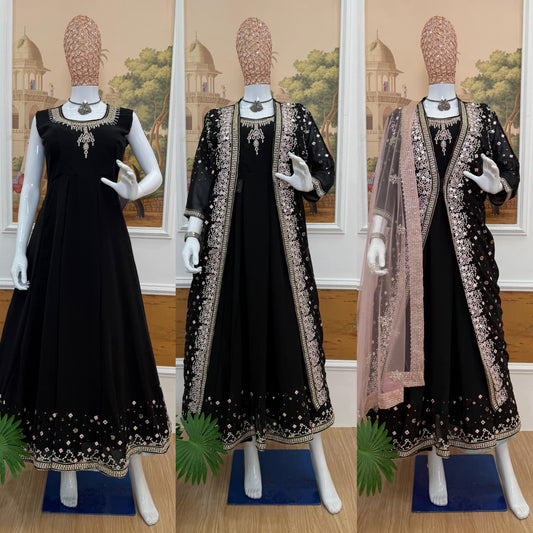 New Superhit Festive Collection – Gown, Koti & Dupatta Set with Embroidery & Crystal Stone Work