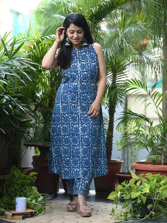 Indigo Jaipuri Print A-Line Cotton Kurta Set | Hand Kantha Work | Plazo with Pocket