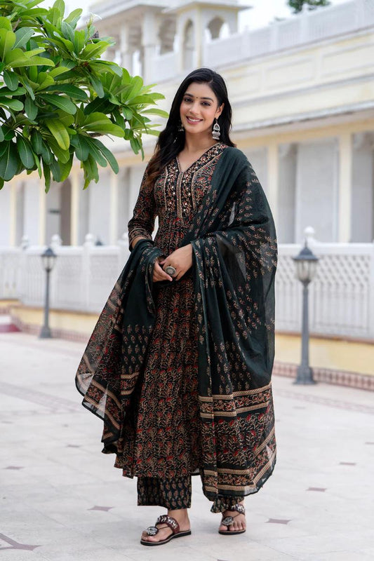 Dreamy A-Line Cotton Kurta Set | Printed Kurta, Pant & Dupatta | Sequins Katha Work