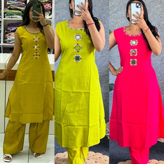Premium Cotton Mirror & Sequin Kurti Set | Trendy A-Line Co-Ord