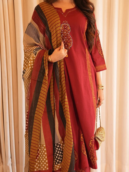 Premium Heavy Cotton A-Line Suit Set | Kurti, Pant & Dupatta