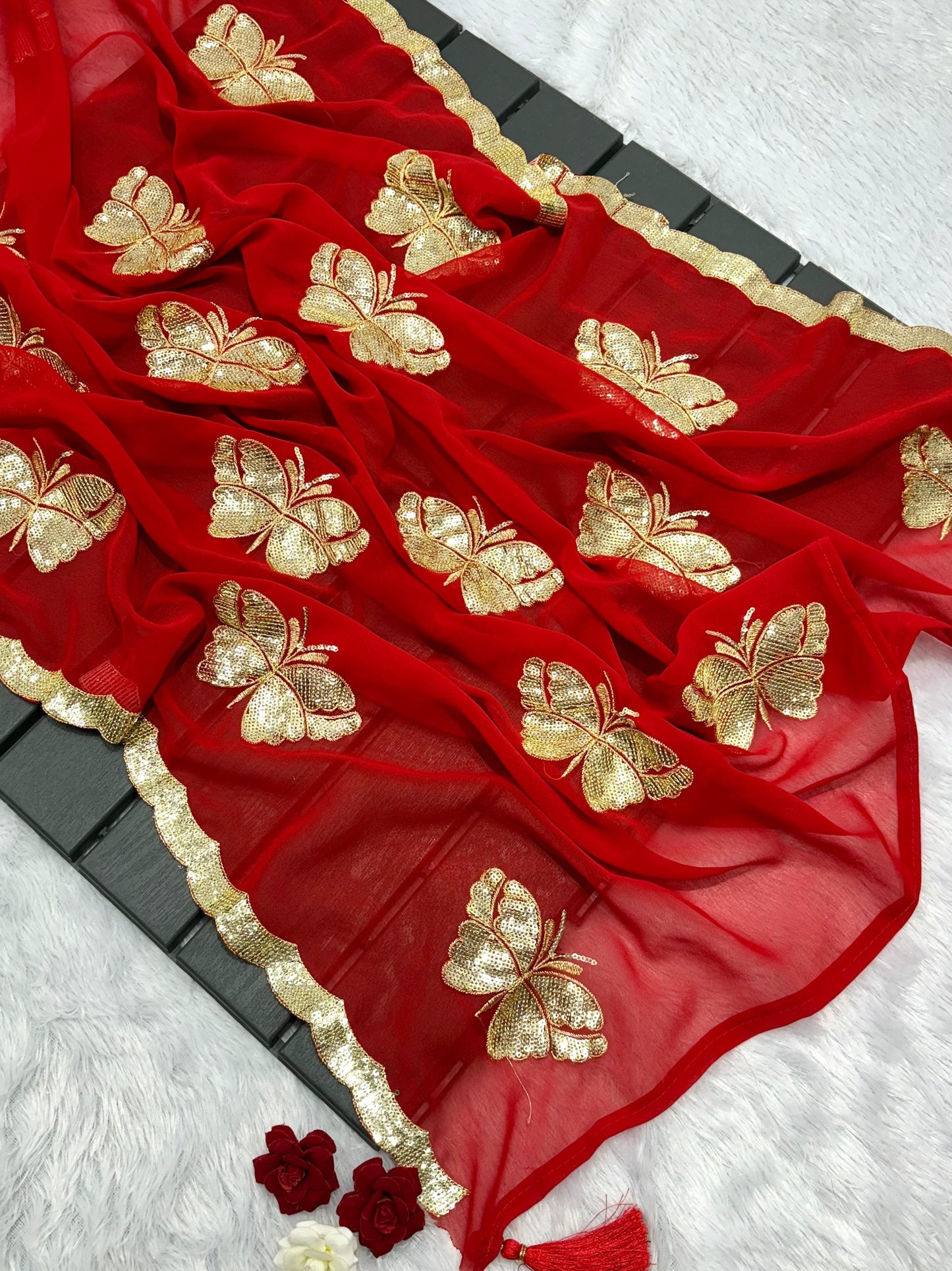 Perfect for festive occasions, this saree blends tradition and trend—crafted to make you shine bright this Karwa Chauth!