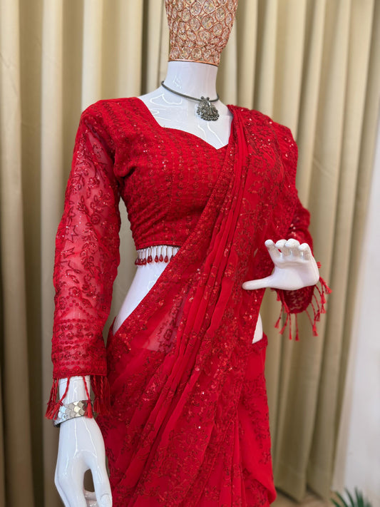 Premium Faux Georgette Embroidered Saree with Fancy Lace & Ready-to-Wear Stitched Blouse