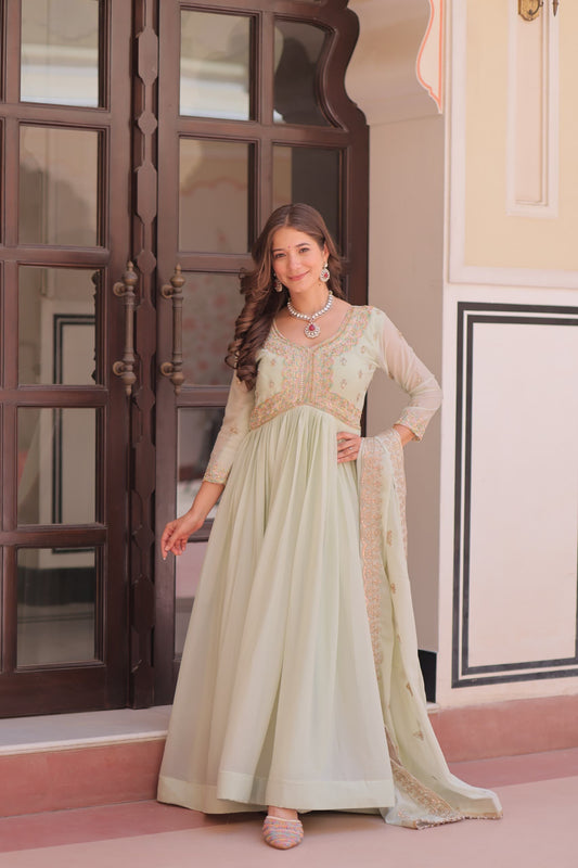 Premium Star Georgette Embroidered Gown with Dupatta | Diwali Special 2025