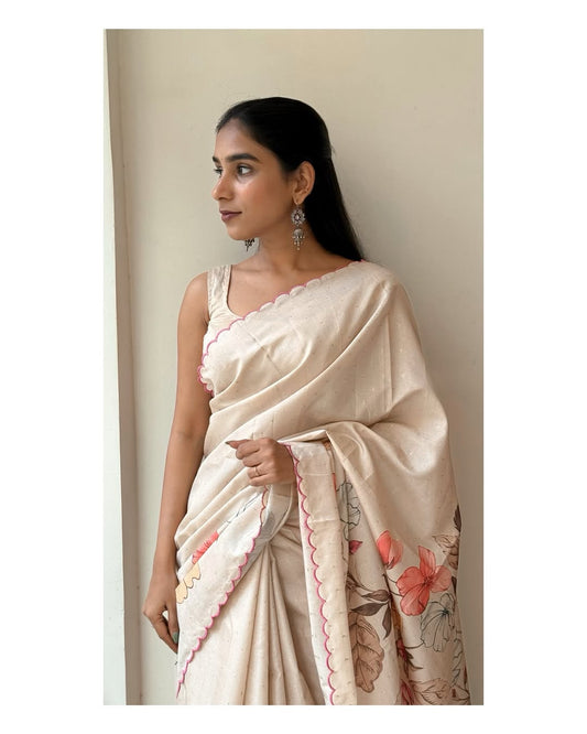 Elegant Tussar Silk Saree with Tulip Digital Print & Arco Border | Matching Blouse Piece