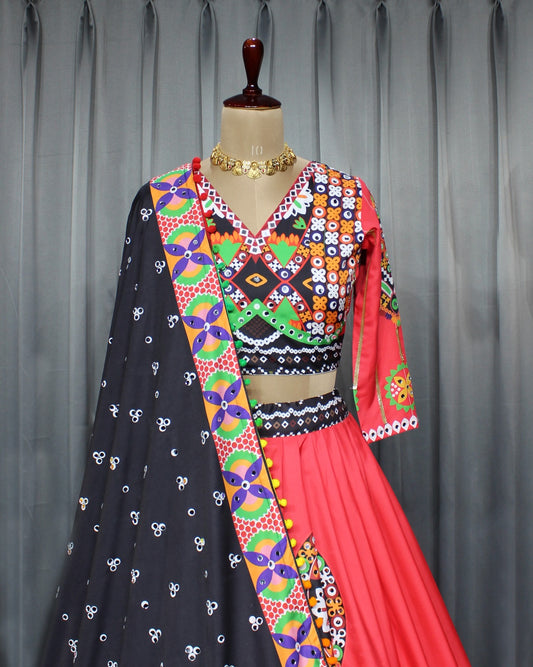 Designer Soft Butter Silk Lehenga with Digital Print & Real Mirror Work | Stitched Lehenga + Unstitched Choli + Dupatta