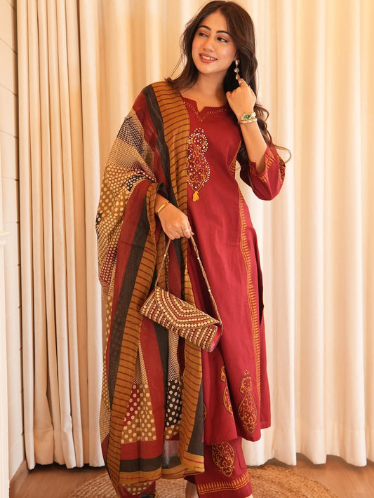 Premium Heavy Cotton A-Line Suit Set | Kurti, Pant & Dupatta