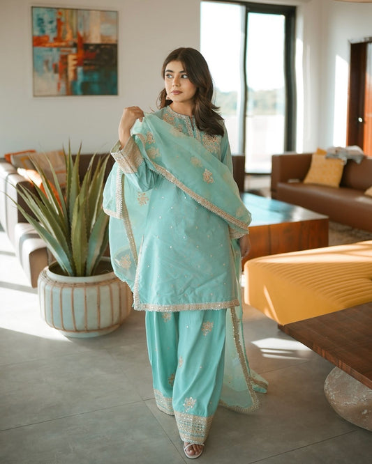 Premium Party Wear Pure Crepe Top–Farshi Palazzo Set with Embroidered Organza Dupatta | Fully Stitched