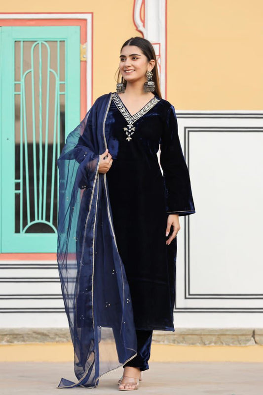Winter Collection Velvet Suit Set – Navy Blue | Hand Work with Organza Dupatta