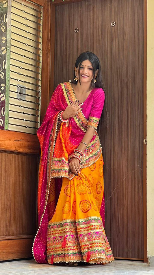 "Royal Bandhej Elegance – Original Moss Chiffon Saree with Heavy Gotta Patti & Pearl Lace Border"