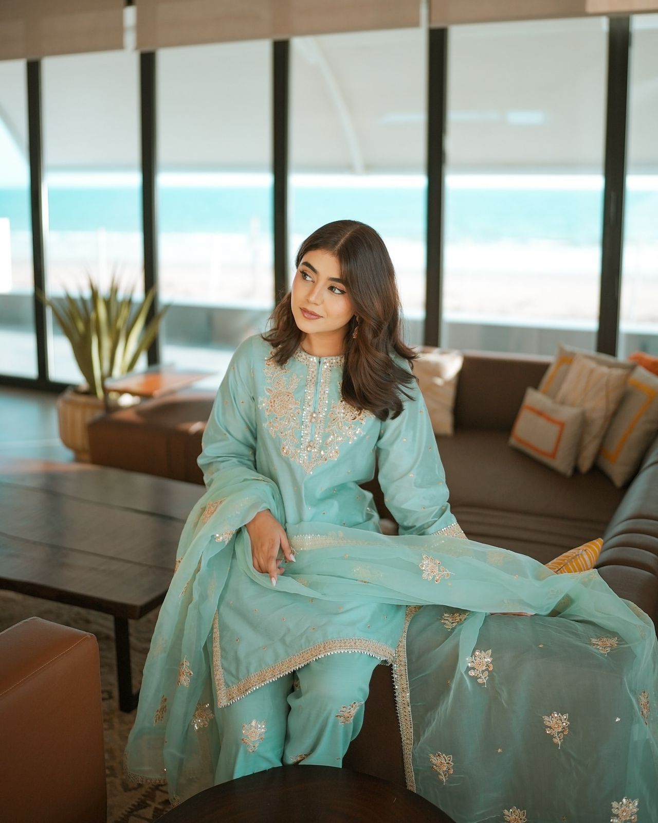 Premium Party Wear Pure Crepe Top–Farshi Palazzo Set with Embroidered Organza Dupatta | Fully Stitched