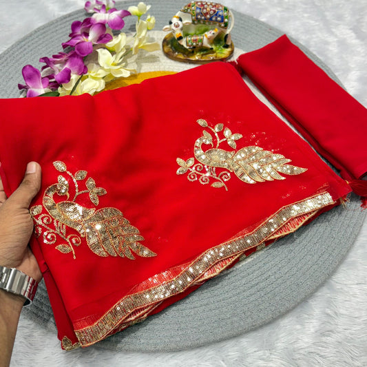 Perfect for festive occasions, this saree blends tradition and trend—crafted to make you shine bright this Karwa Chauth!