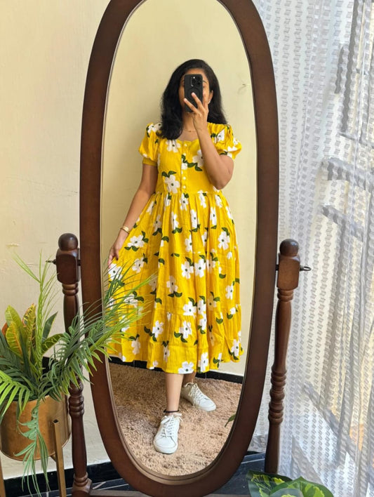 Beautiful Ikkat Print Cotton Middy Gown | Full Flair Summer Dress