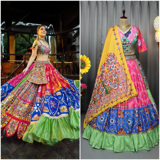 Elegant Soft Butter Silk Lehenga Set with Real Mirror Work & Fancy Digital Prints