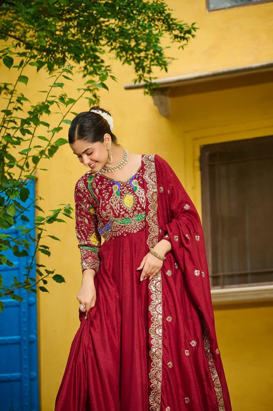 Elegant Gown-Dupatta Collection 2025 – Vichitra Fabric with Zari Embroidery